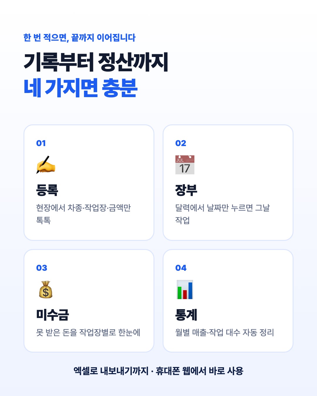 등록, 장부, 미수금, 통계 네 가지로 기록부터 정산까지