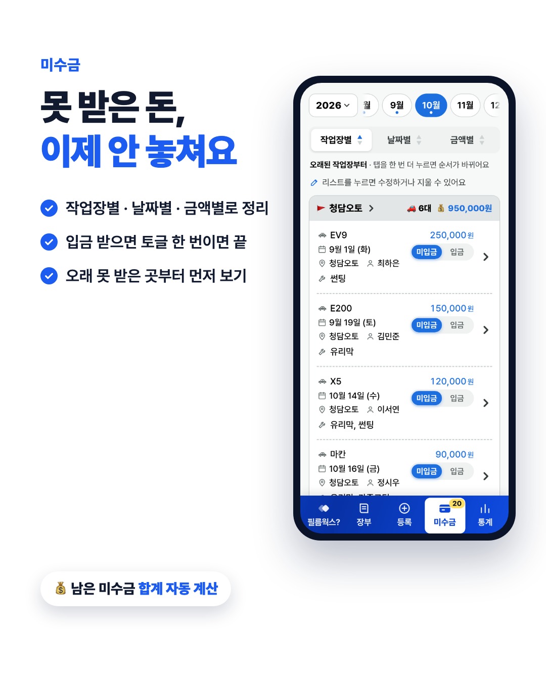 못 받은 돈을 작업장별·날짜별·금액별로 보는 미수금 화면